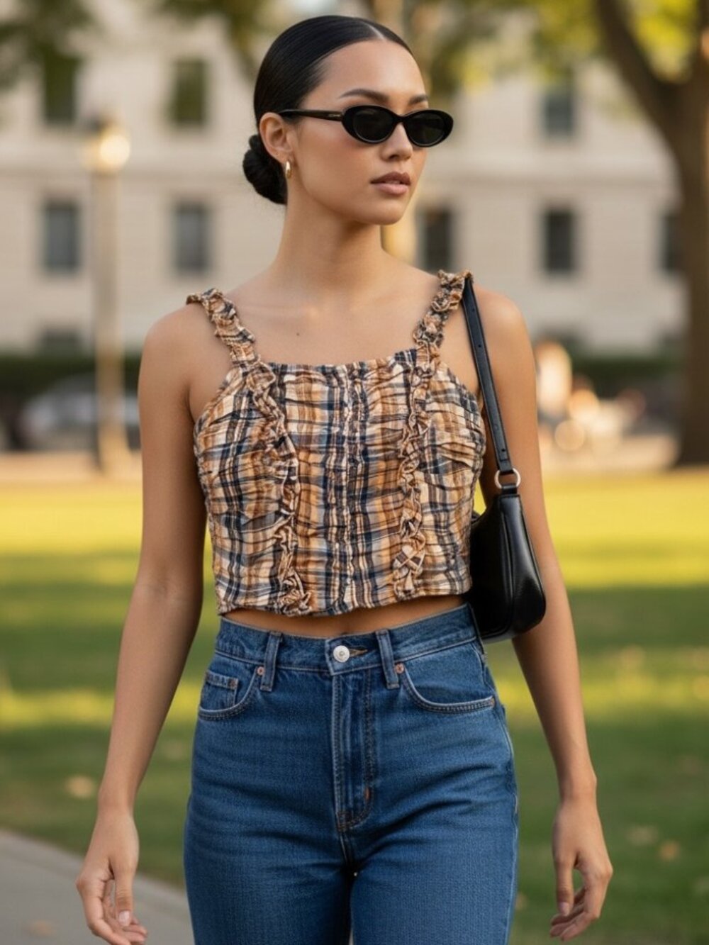 Verb Pallavi Singhee Plaid Crop Top L Ruffle Smocked Cotton Festival Shirt